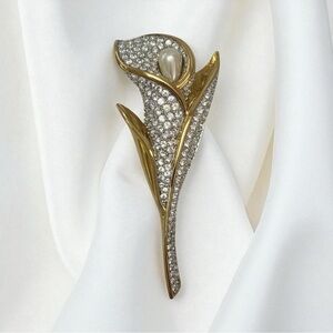 Vintage Swarovski Signed Swan Gold-Tone Crystal & Pearl Calla Lily Brooch